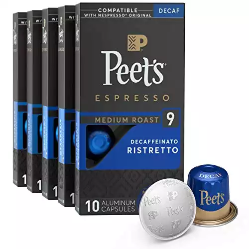 Peet's Coffee, Medium Roast Decaf Espresso Capsules Compatible with Nespresso Original Machine, Decaf Ristretto Intensity 9, 50 Count (5 Boxes of 10 Espresso Pods)